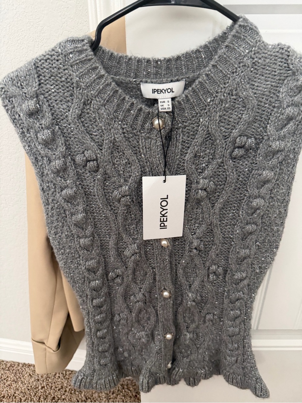 Gray Cable-Knit Pearl-Button Sweater Vest